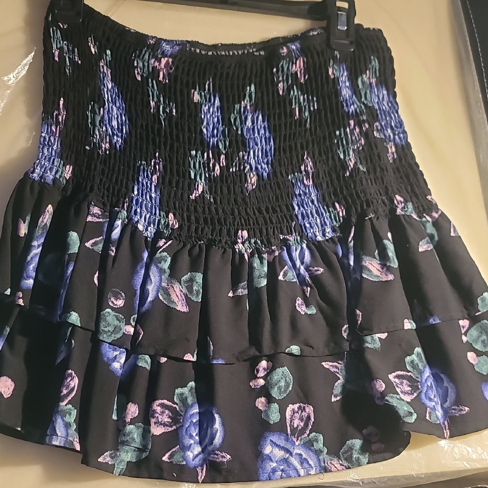 Floral Black and Blue Smocked Skirt
